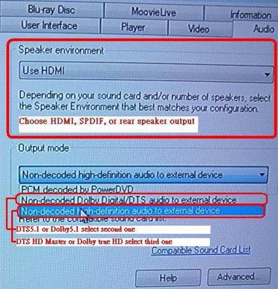 Enter the Audio settings in your application.<br>
We take Power DVD 10 here for example: Choose the Speaker environment and Output modes as you want.