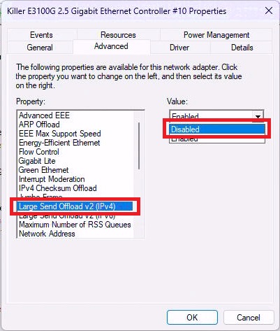 Set Large Send Offload v2 (IPv4) to [Disabled]